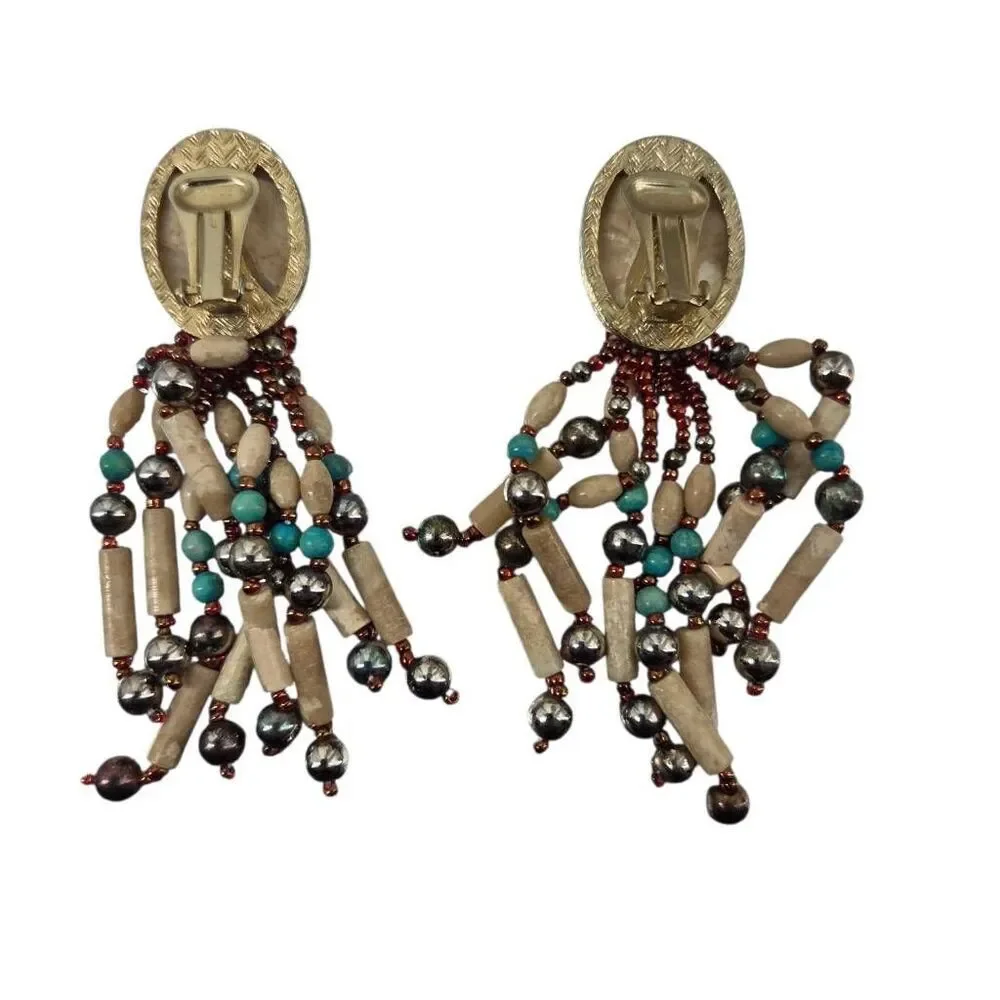 Vintage Beaded Statement Clip-On Earrings | Cabochon Fringe | 3.75